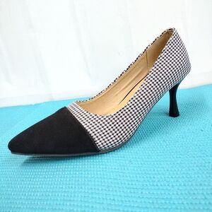 Suede Houndstooth Mid Heel Pump Snowflake Pointed Toe Knit Size 37